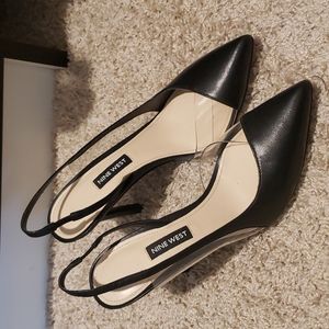 Woman's Black Pointed Leather and PVC Sling Back Heels